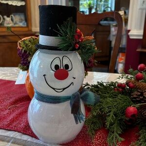 Festive Snowman Holiday Decor Candle Cover with Black Hat and Red Accents